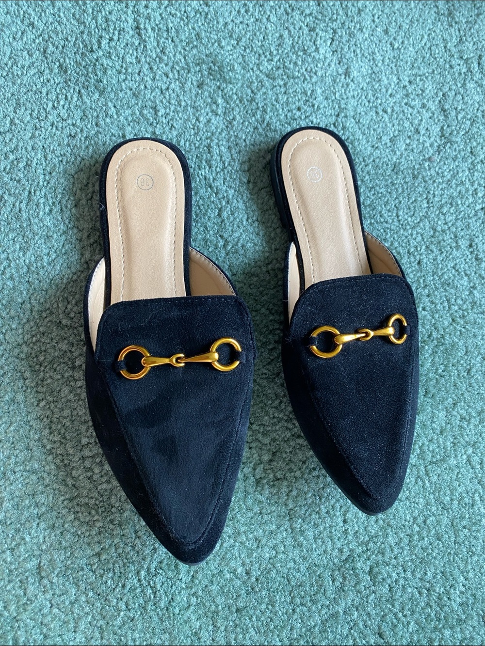 Black Suede Pointed-Toe Slip-On Mules with Gold Chain Detail- size 6
